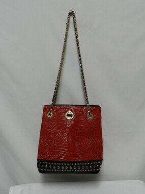 M.C. Macy Leather snake embossed shoulder bag purse chain strap back pocket red